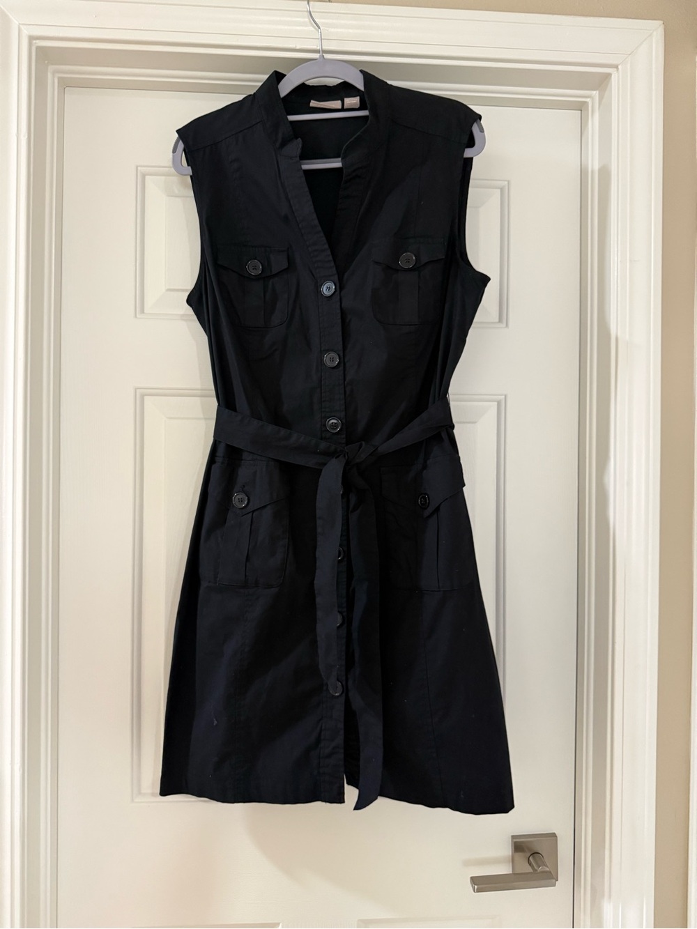 Chico's Black Sleeveless Button-Front Shirt Dress with Tie Belt